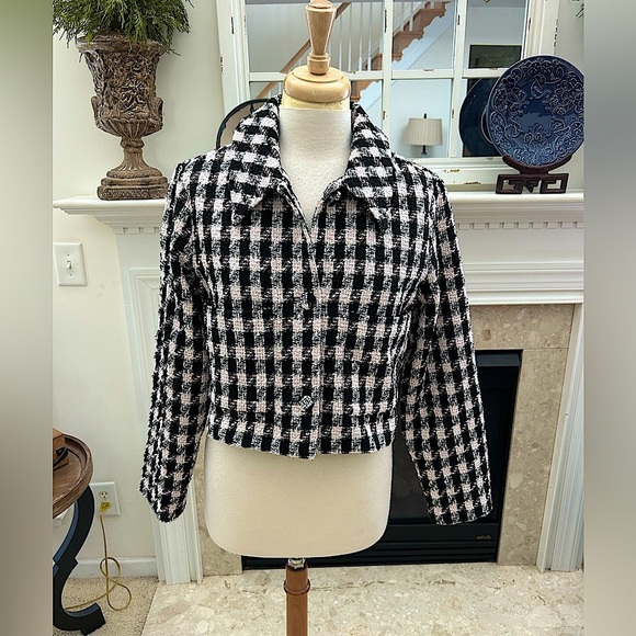 Hutch Black and Pink Cropped Checkered Tweed Jacket - Picture 1 of 9